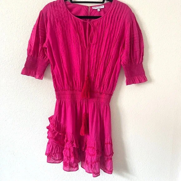 Karina Grimaldi Sz XS Carol Pink Mini Dress Eyelet Puff Sleeves 100% Cotton Boho - Picture 2 of 12
